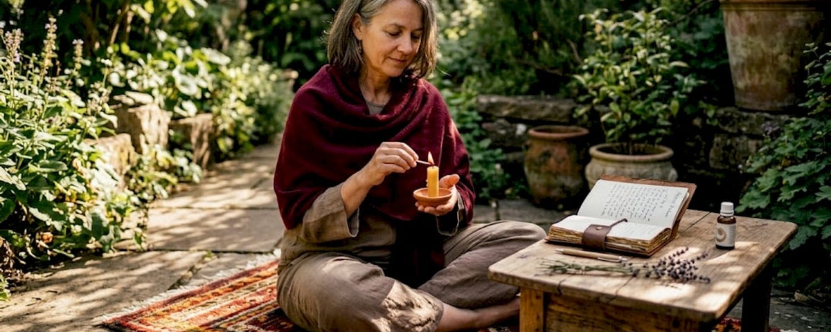 Woman lighting candle as morning ritual in home