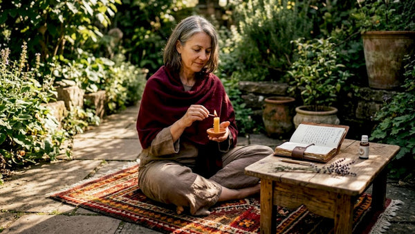 Woman lighting candle as morning ritual in home