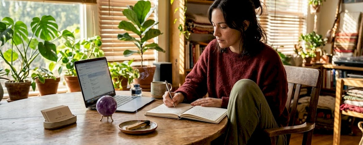 Entrepreneur journaling in cozy spiritual office