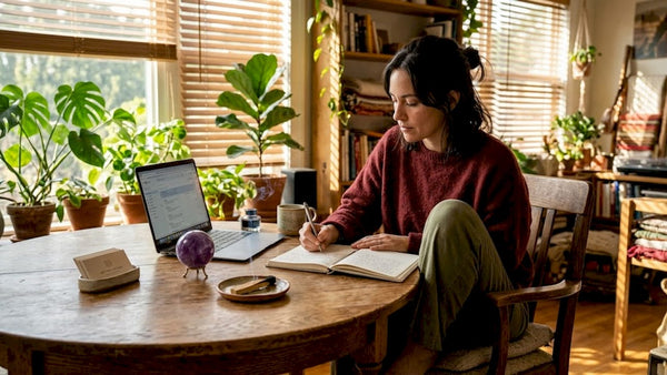 Entrepreneur journaling in cozy spiritual office