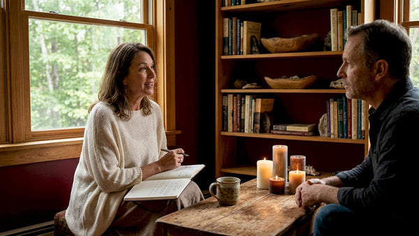 Two people talking in calm guidance session setting