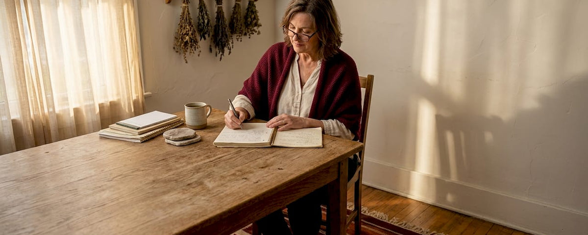 Healer reviews session notes in sunlit studio