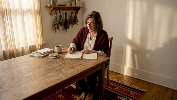 Healer reviews session notes in sunlit studio