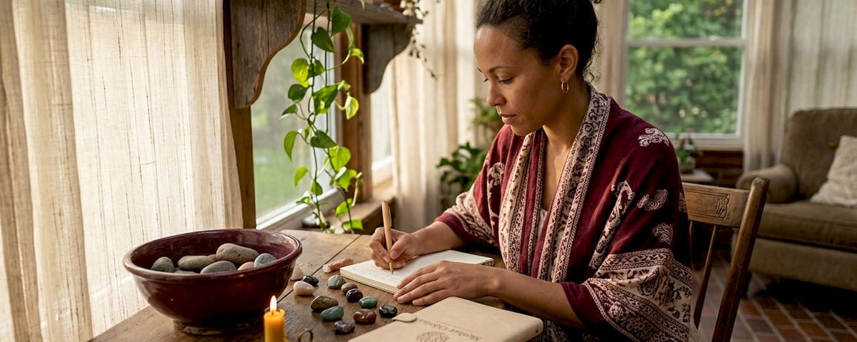 Consultant arranges stones and writes notes