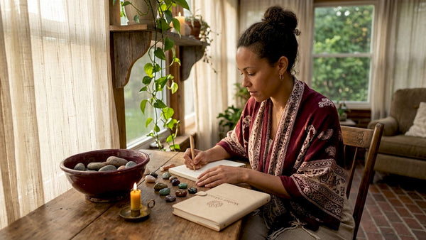 Consultant arranges stones and writes notes