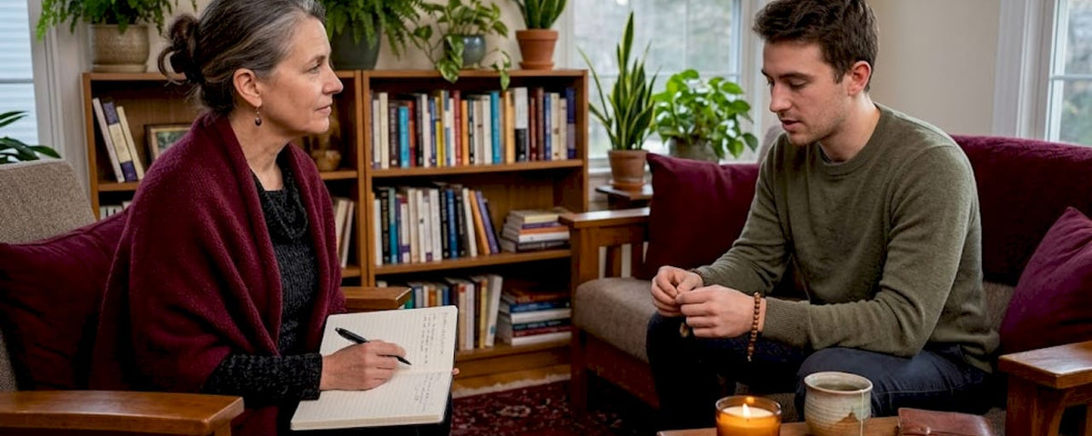 Spiritual counselor and client in home office