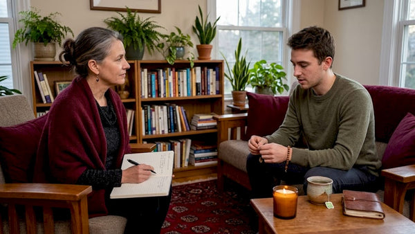 Spiritual counselor and client in home office