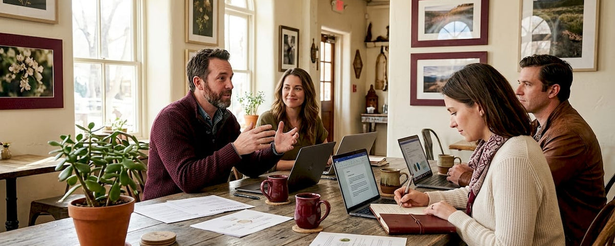 Business team meeting in sunlit corner office