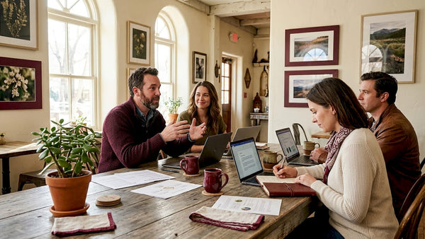 Business team meeting in sunlit corner office