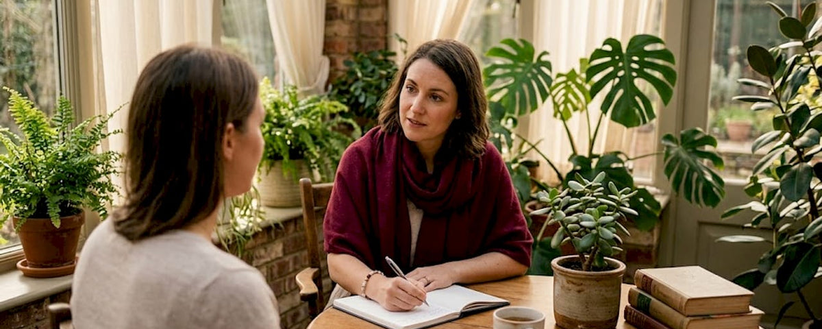 Spiritual consultant discussing options in office