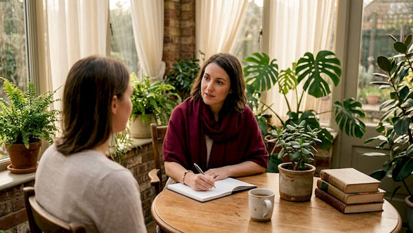 Spiritual consultant discussing options in office