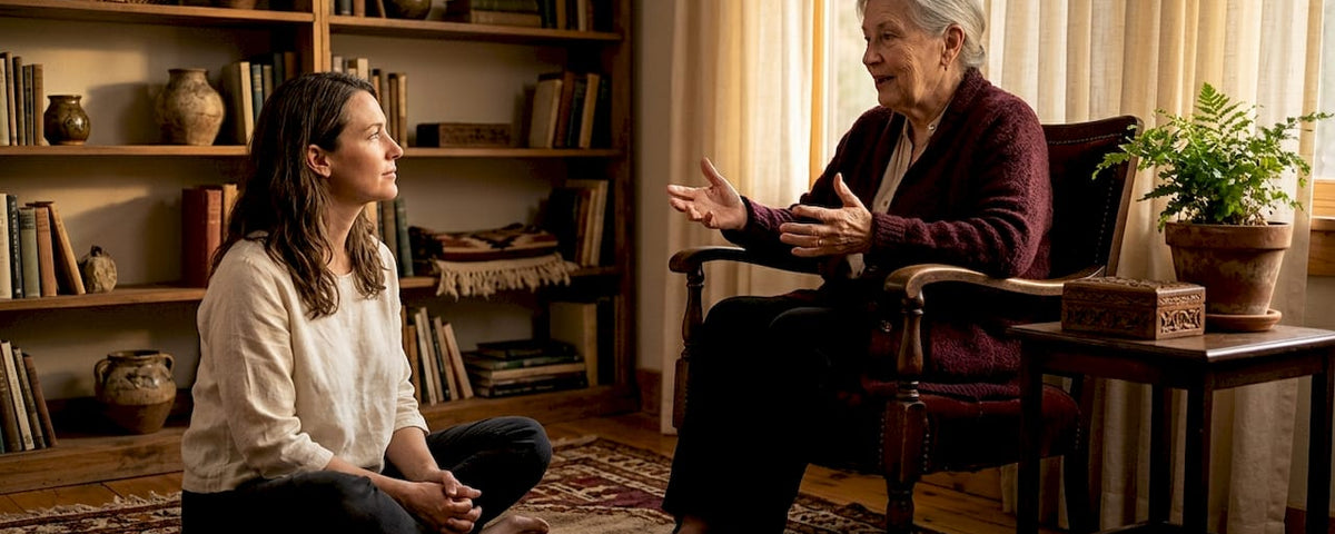 Woman listening to elder share family story