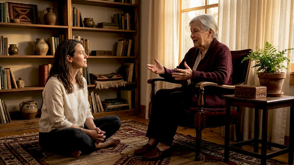 Woman listening to elder share family story