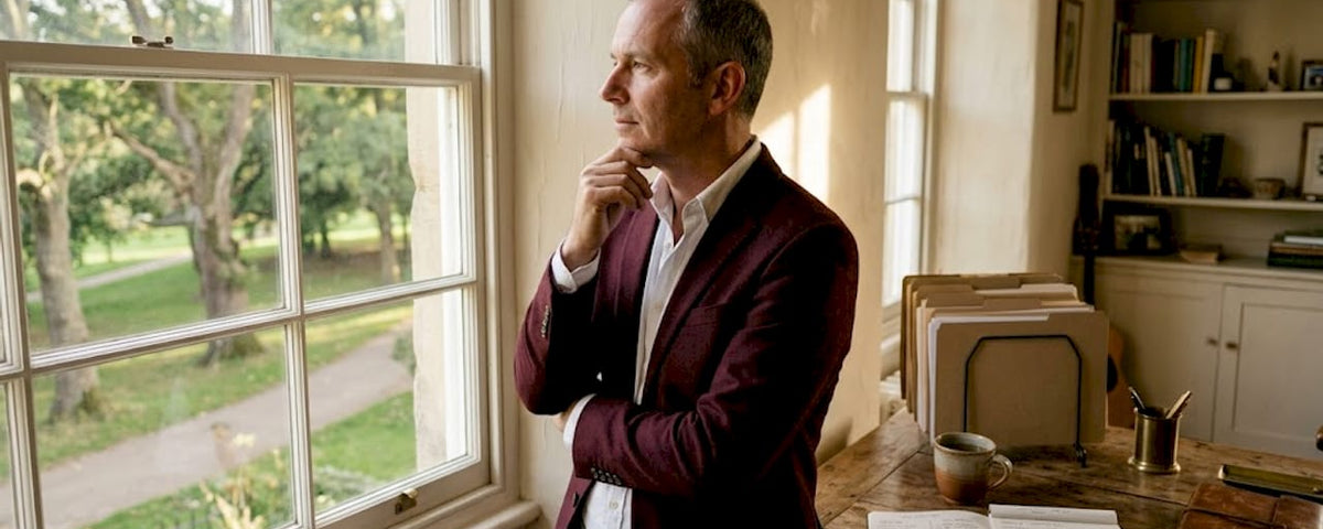 Business leader gazing out office window