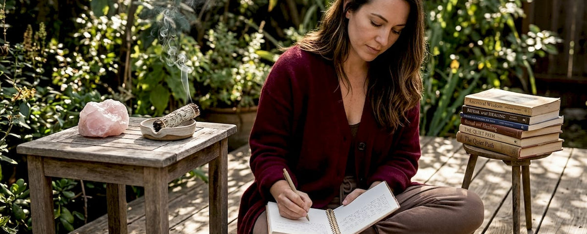 Woman journaling in peaceful living room