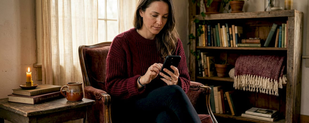 Woman texts in thoughtful living room scene