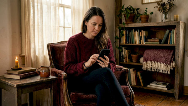 Woman texts in thoughtful living room scene