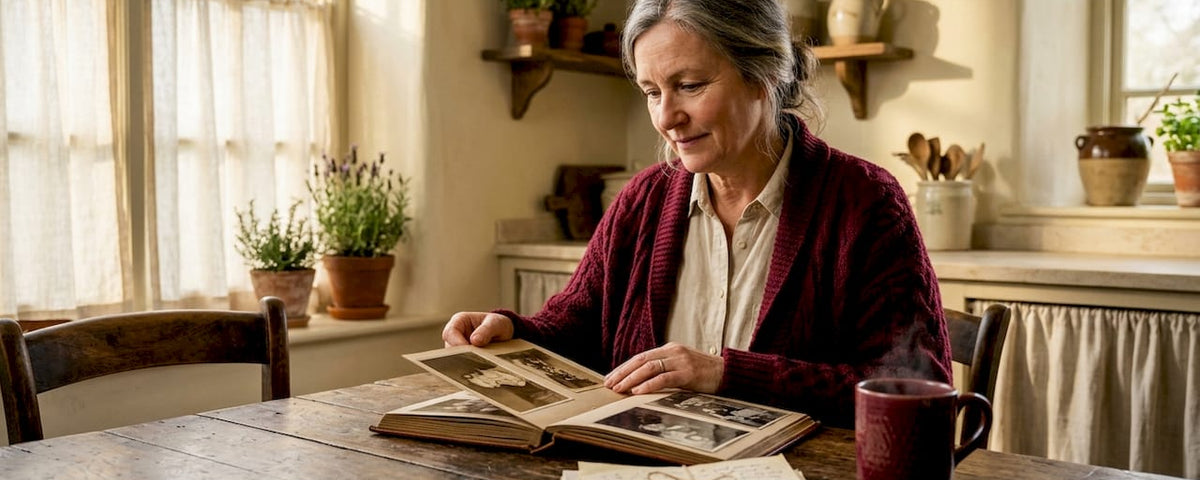 Person exploring old family photo album at desk