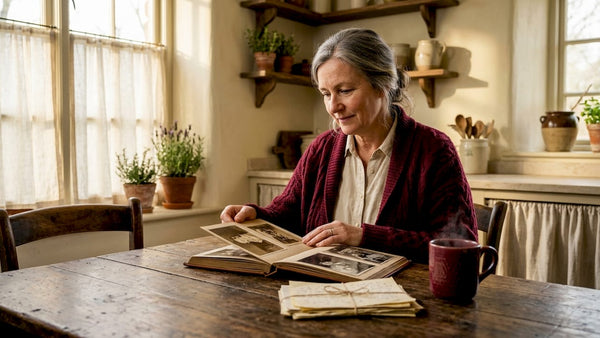 Person exploring old family photo album at desk