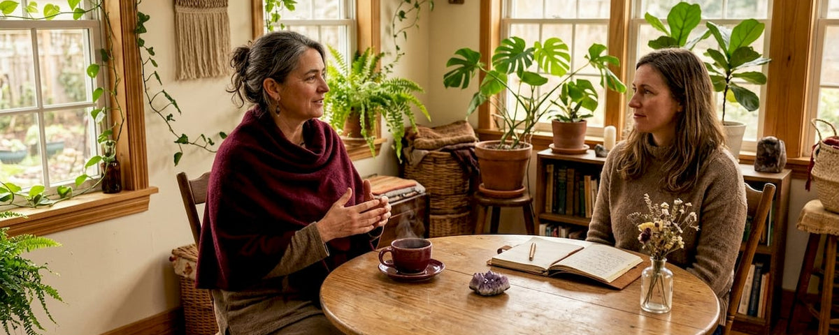 Returning client consulting with spiritual guide