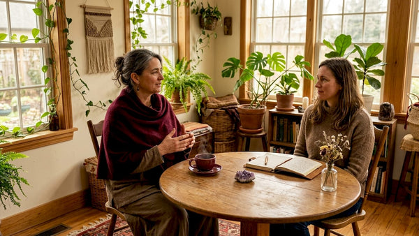 Returning client consulting with spiritual guide