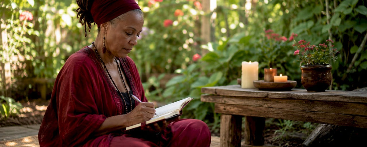 Woman writing in journal preparing for session