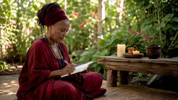 Woman writing in journal preparing for session