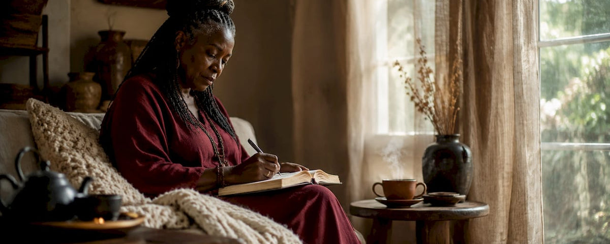 Woman journaling at kitchen table with family photos