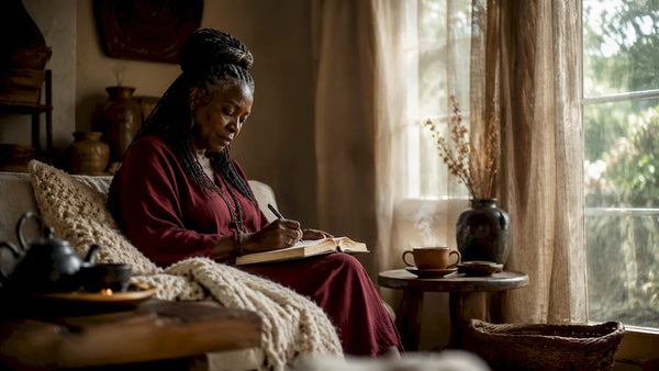 Woman journaling at kitchen table with family photos