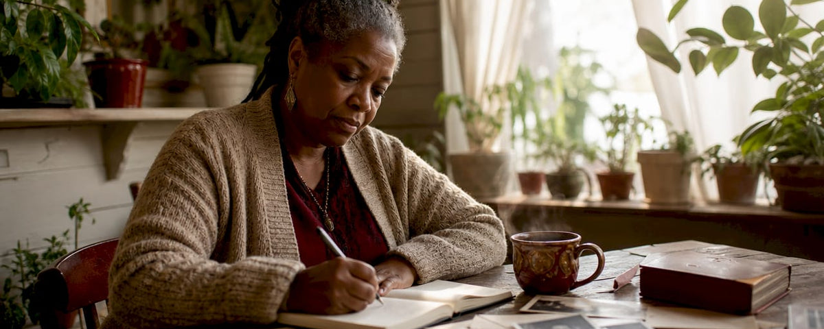 Woman journaling family trauma at kitchen table