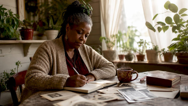 Woman journaling family trauma at kitchen table