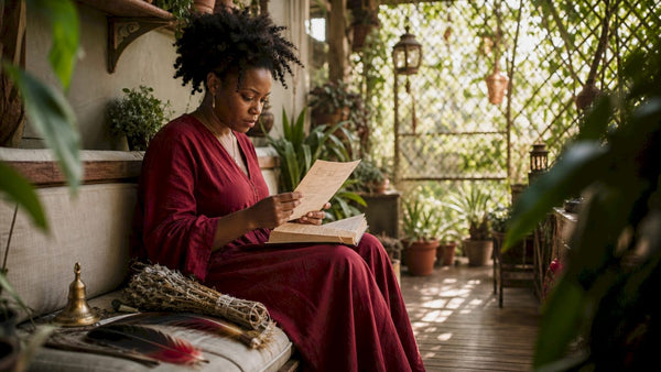 Spiritual healer reviewing ritual order in cozy studio