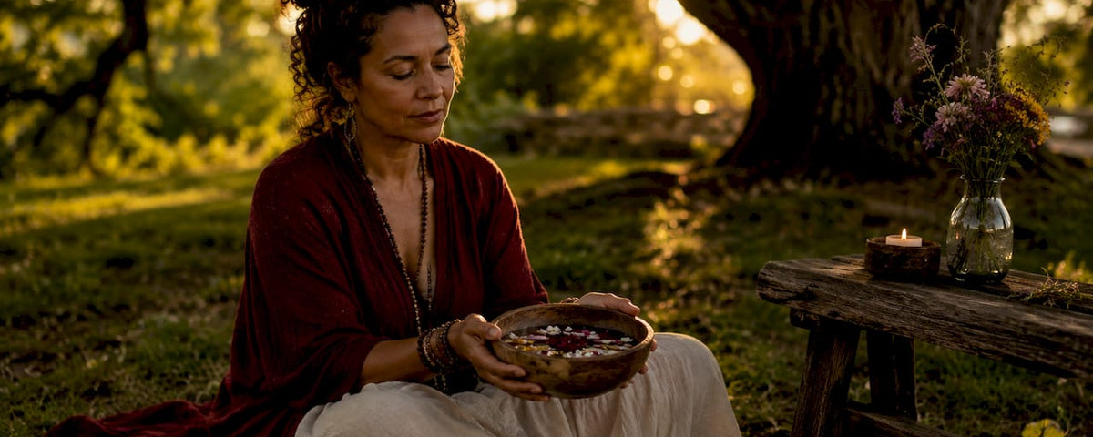 Woman performing ancestral blessing ritual indoors