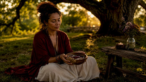 Woman performing ancestral blessing ritual indoors