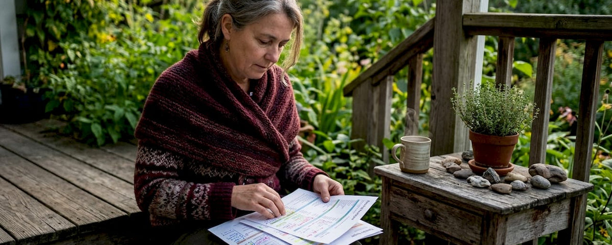 Woman reviewing family budget papers at kitchen table