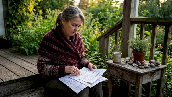 Woman reviewing family budget papers at kitchen table