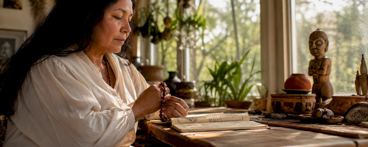 Businesswoman reflecting with ancestral items