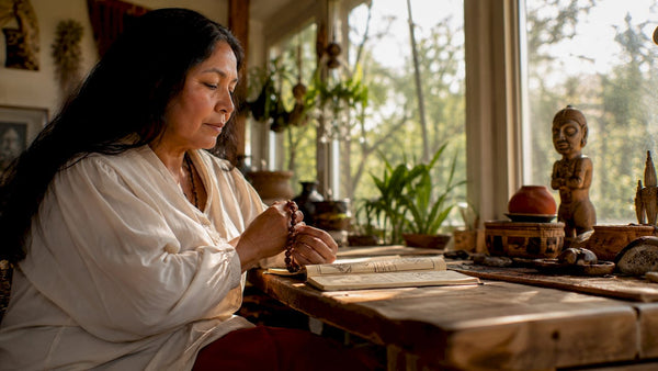 Businesswoman reflecting with ancestral items