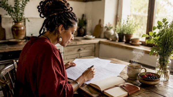 Entrepreneur reviewing business documents at desk