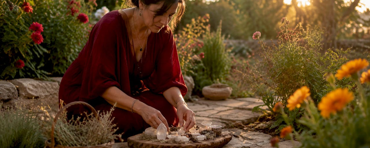Woman preparing spiritual ritual at home altar