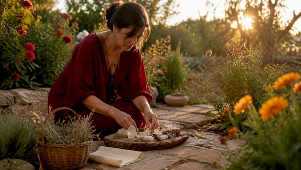 Woman preparing spiritual ritual at home altar
