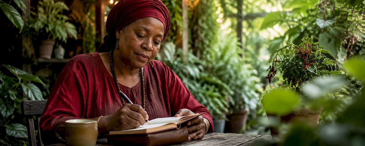 Entrepreneur journaling in spiritual home office