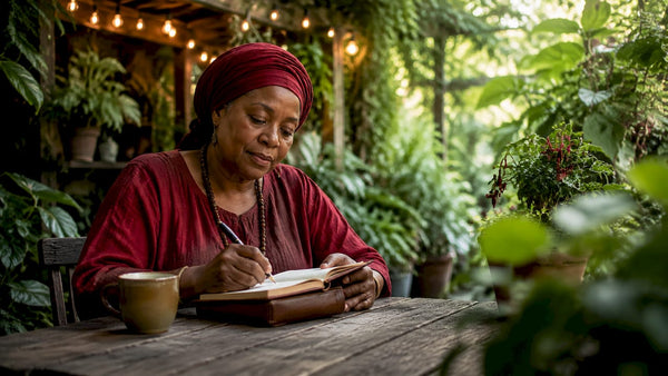 Entrepreneur journaling in spiritual home office