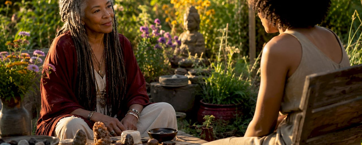 Experienced spiritual mentor conversing in home meditation room