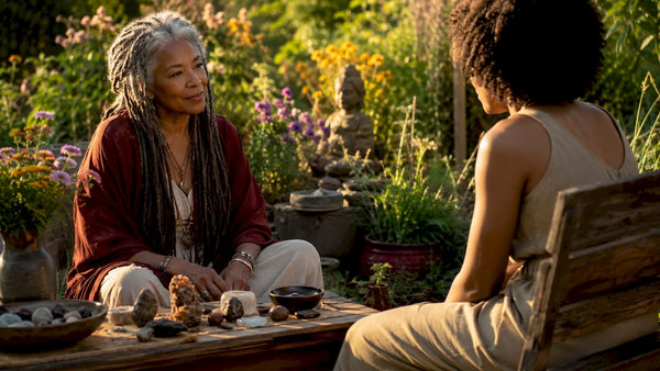 Experienced spiritual mentor conversing in home meditation room
