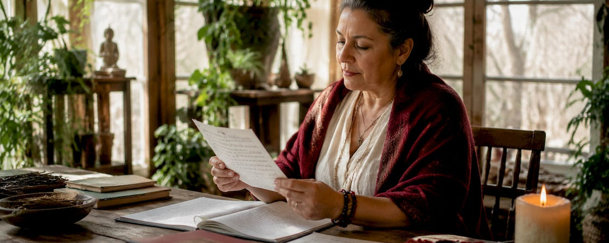 Woman conducting spiritual assessment at home study