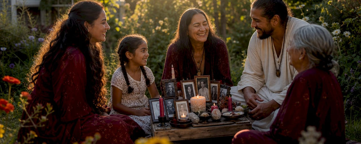 Family gathered around a home altar during healing ceremony