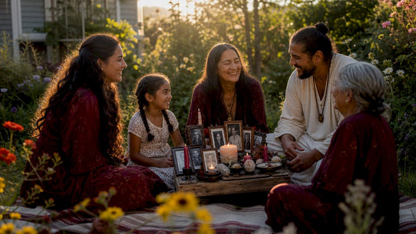 Family gathered around a home altar during healing ceremony
