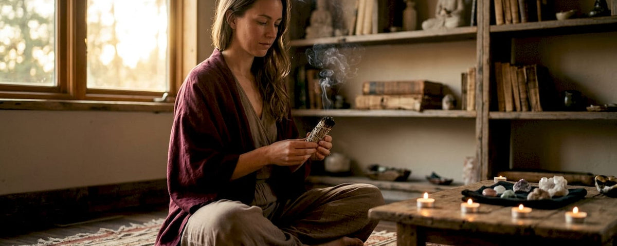 Woman meditating while burning sage indoors