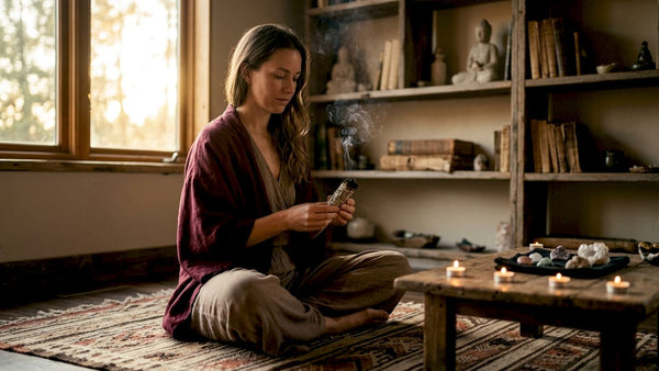 Woman meditating while burning sage indoors